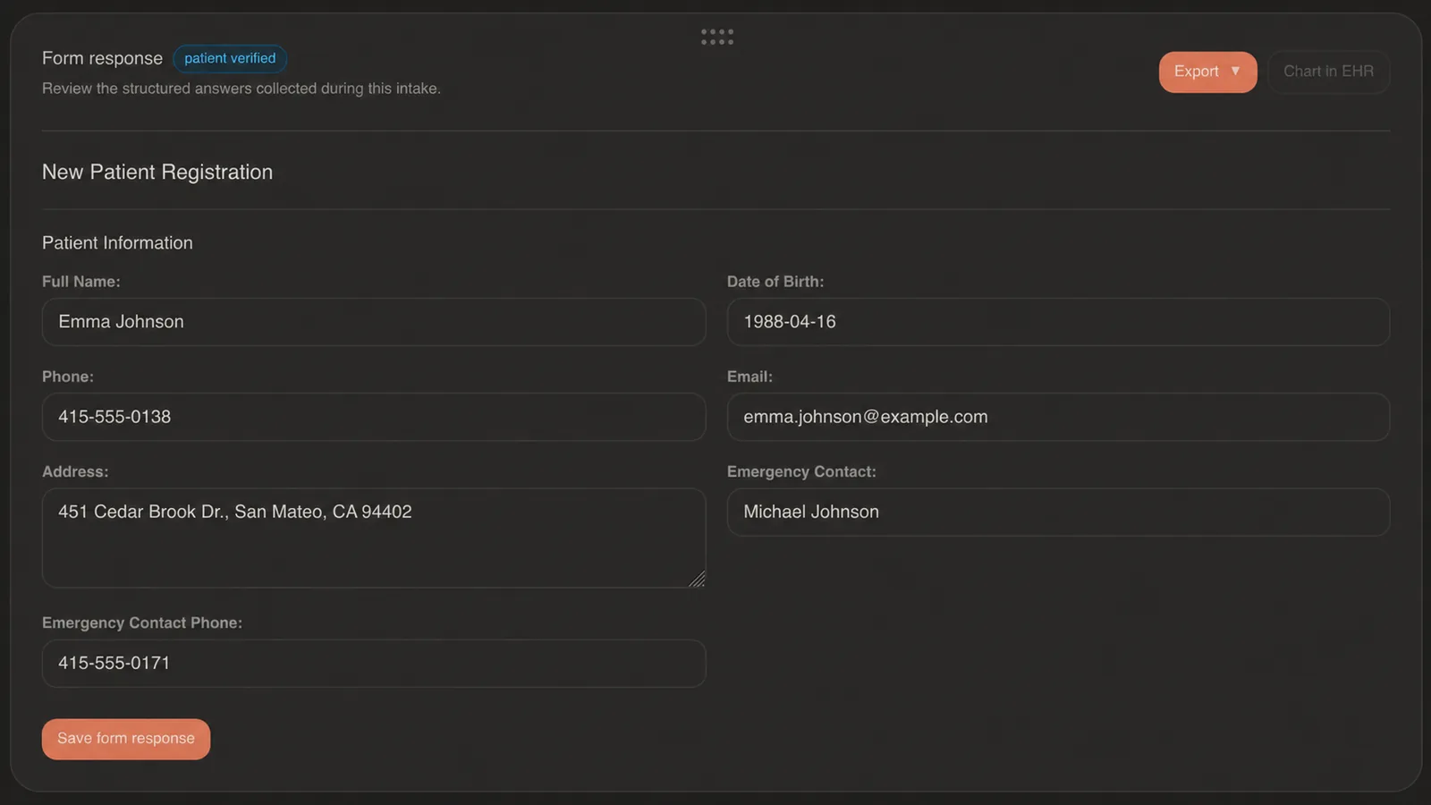 Structured form response with patient answers organized by section