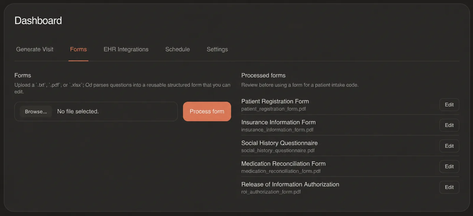 Forms dashboard showing uploaded intake forms ready to process