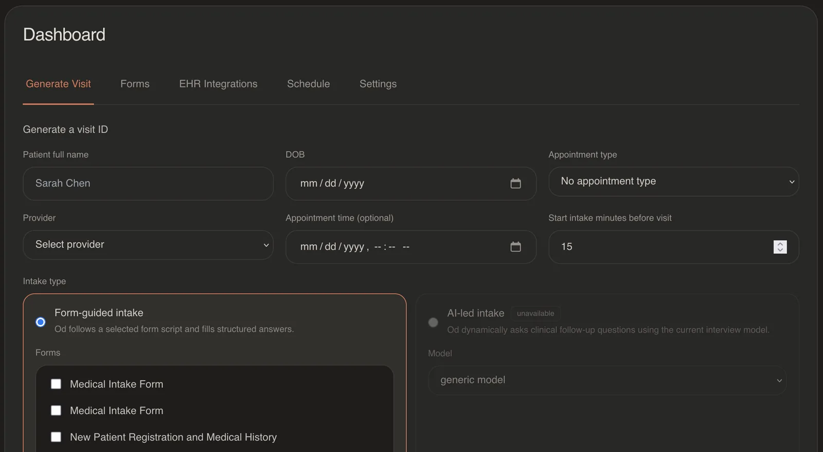 Generate visit form with patient, provider, and form selection