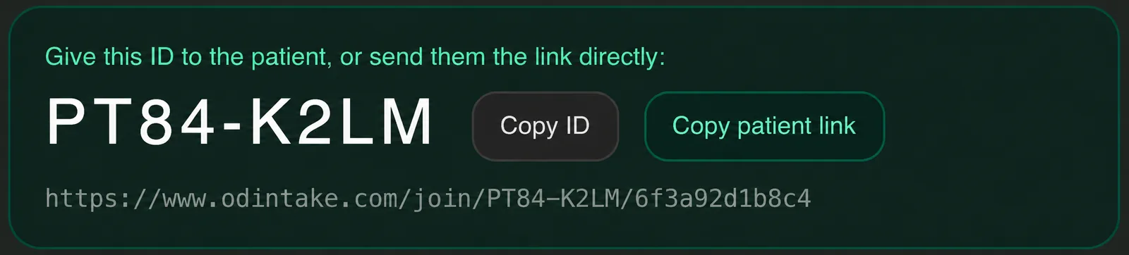 Generated visit code and shareable patient link