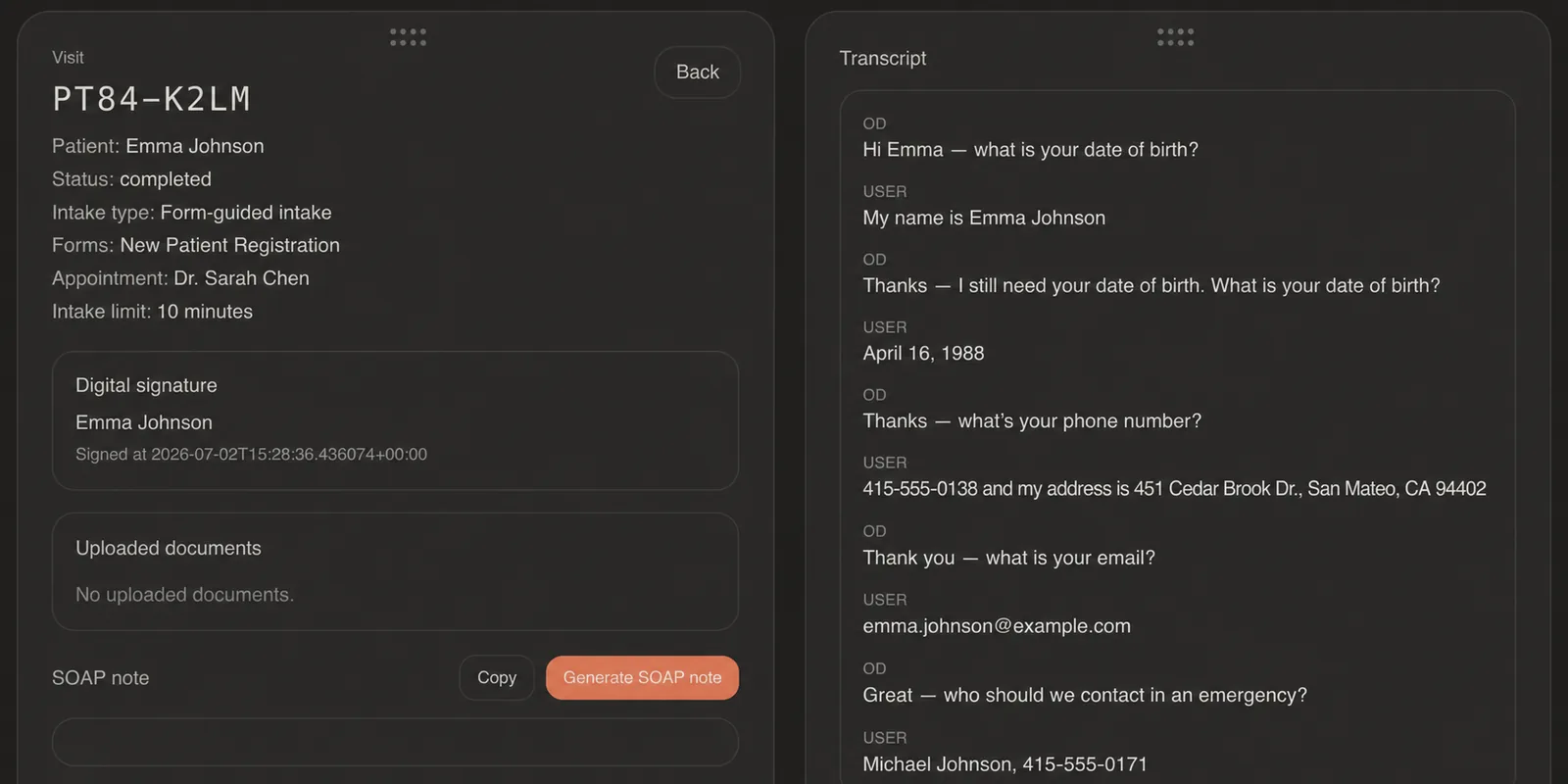 Visit detail page with transcript and SOAP note generation