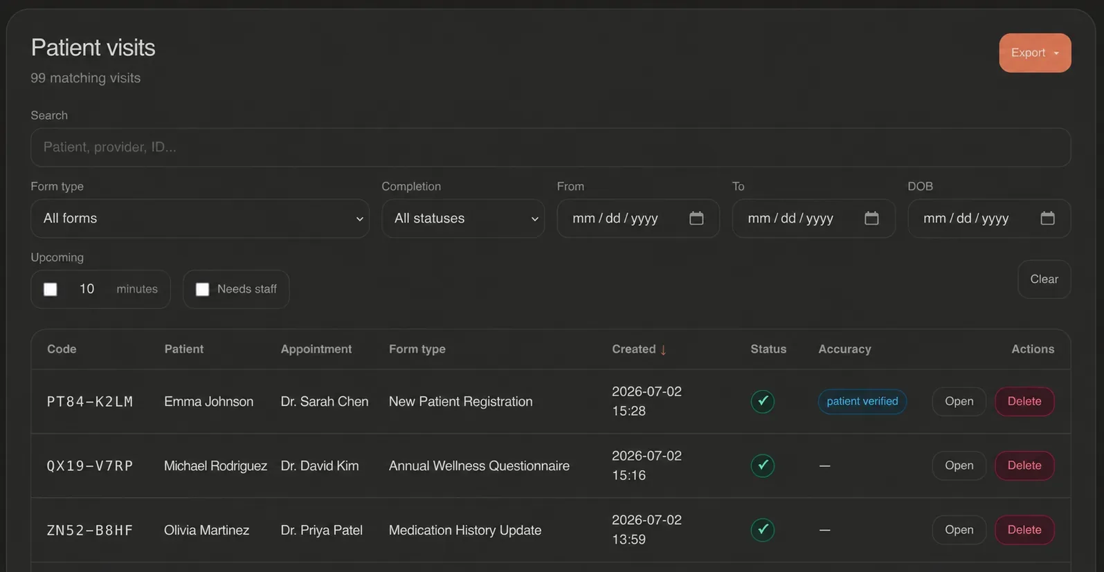 Patient visits list with filters and status